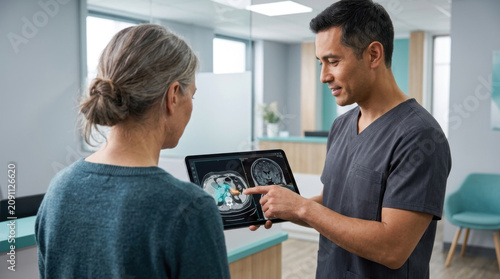 Doctor Explaining Medical Scan Results On Tablet To Patient