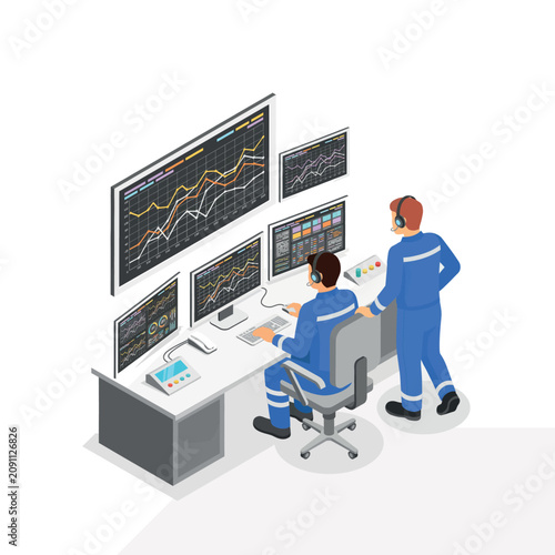 Operators working at a control room command center console isolated on white background, Vector, illustration