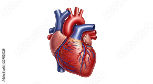 Anatomical human heart with prominent arteries and veins during medical illustration isolated on transparent background