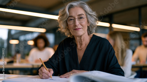 Retired art director age sixty four sits in a co working space surrounded by young designers, sketching in a large pad with confident strokes, her portfolio open on the table, career reinvention ene