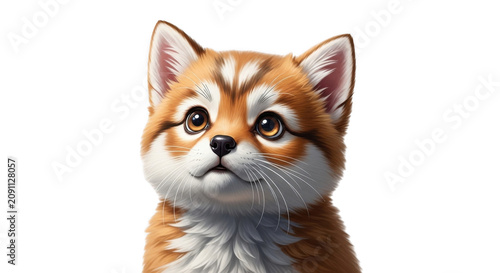 Adorable fluffy Shiba Inu puppy looking up with innocent eyes during soft studio lighting isolated on transparent background