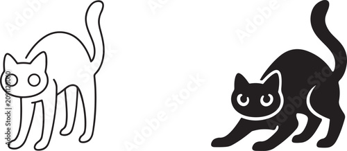Scared Cat Vector Icon Black Silhouette and Outline Illustration.