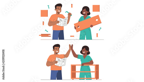 Happy couple successfully completes home assembly project and celebrates with high five after finishing new wooden storage shelf.