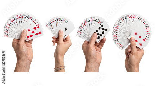 Canvastavla Hands holding fanned out playing cards on transparent background