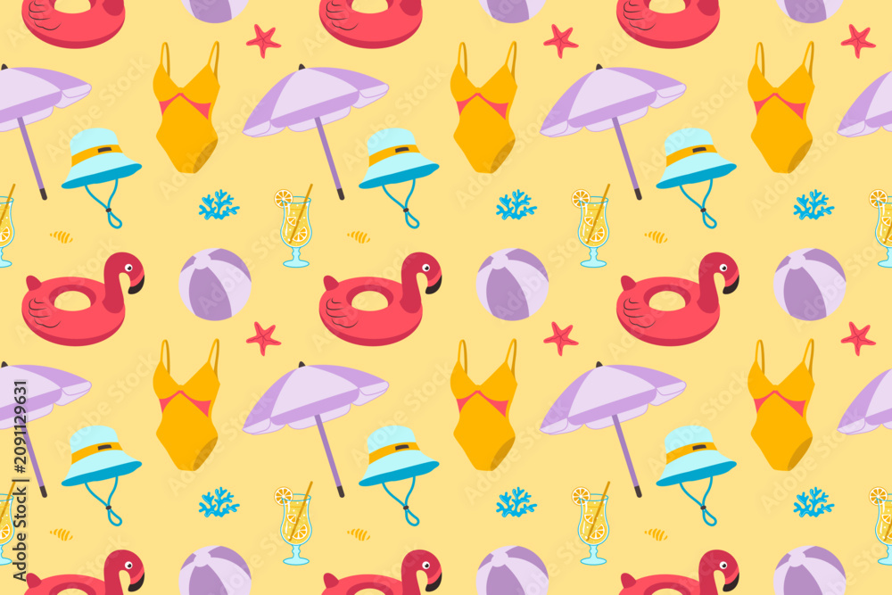 Fototapeta premium Beach pattern with vector elements on a yellow background
