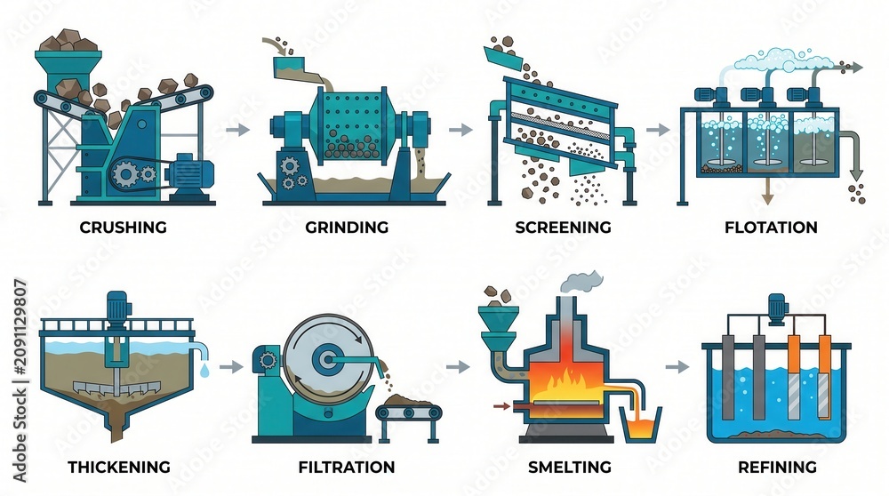 Fototapeta premium 8-step ore process: crushing, grinding, screening, flotation, smelting, and refining