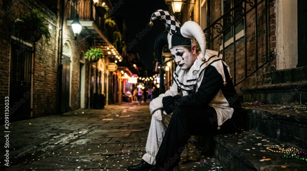 Obraz premium Sad jester clown in a black and white costume sitting alone on a dark historic cobblestone alley at night