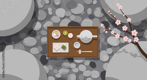 Traditional Japanese sweets wagashi, mochi served on wooden tray. Flat lay vector illustration with a grey stone garden background.