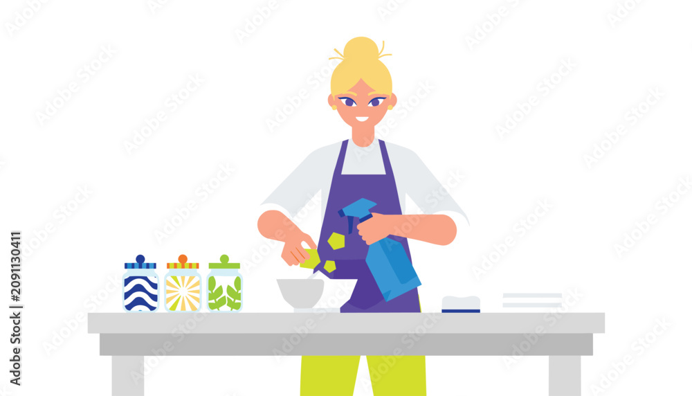 Fototapeta premium Woman with blond hair wearing a purple apron standing at a table spraying a cleaning liquid into a bowl while preparing household supplies.