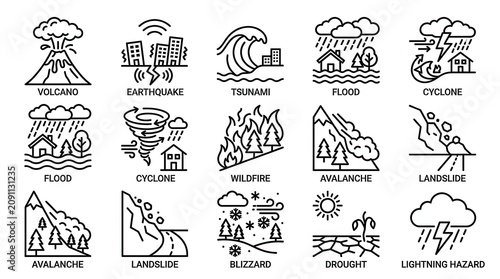 Natural hazard line icons: volcanoes, quakes, floods, blizzards