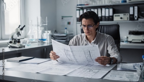 Focused medium shot of a focused editor reviewing detailed technical drawings in a softly blurred labadjacent niche trade journal office environment.