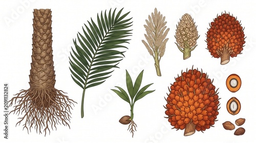 Oil palm's roots, trunk, fronds, flowers, fruits, seeds are shown