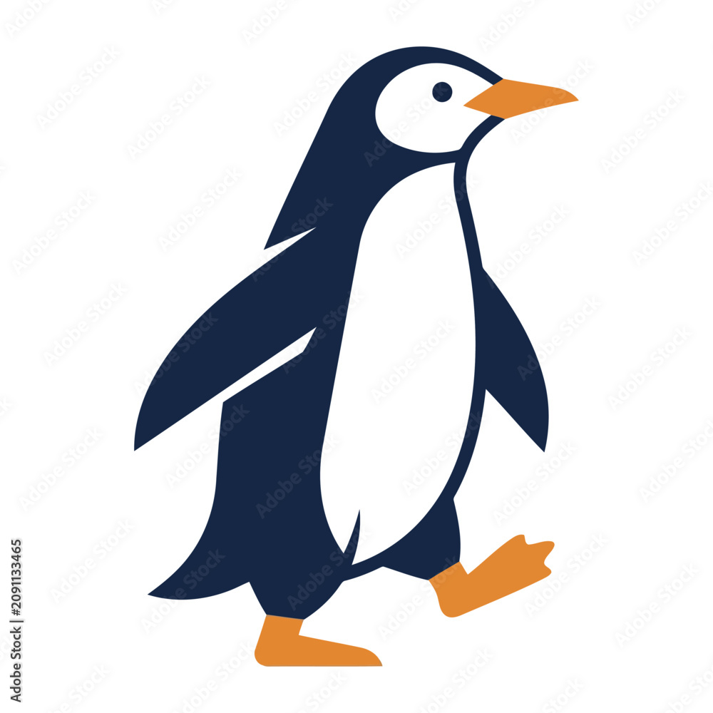 Obraz premium Minimalist blue and white penguin vector illustration walking with orange feet on white backdrop