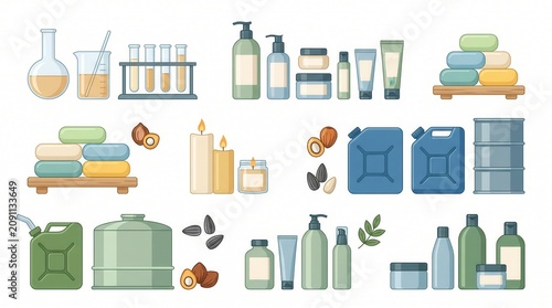 Display of laboratory glassware, beauty products, industrial containers, and natural ingredients