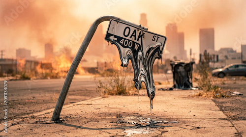 Street sign melting from extreme heat wave in a city during climate crisis