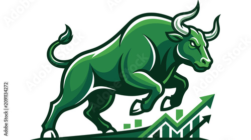 Green bull charging forward with rising financial growth graph.