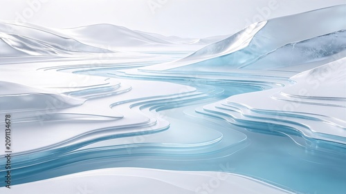 Abstract 3D Render of Glacial Landscape with Flowing Blue Water and White Snow Layers for Modern Tech Background and Web Design