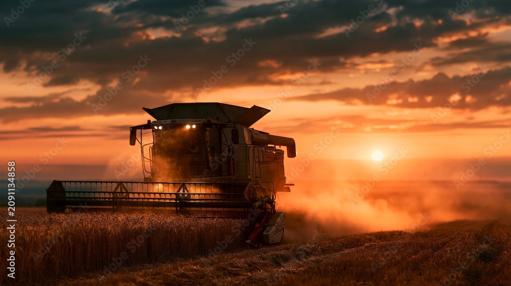 Fototapeta premium Sunset Behind a Combine Harvester in a Wheat Field Raising Dust During Harvest