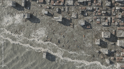 Tsunami Aerial View: Massive Wave Surge Flooding Coastal City