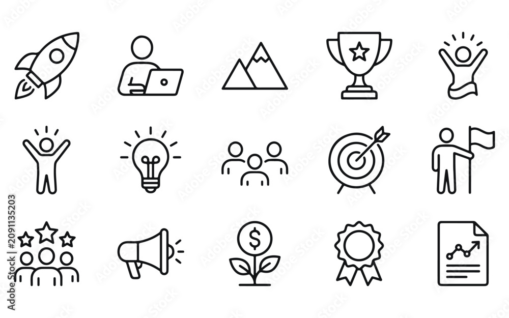 Fototapeta premium A collection of 15 unique high-quality isolated clipart illustrations depicting achievements, hobbies, and activities on transparent PNG backgrounds.