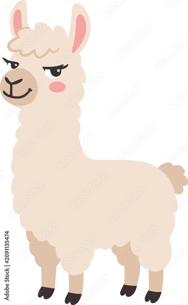 Fototapeta premium Cute Llama Alpaca Character Illustration, Happy Smiling Baby Animal Character with Fluffy Cream Wool, Friendly Sassy Wildlife Pet, Boho Minimalist Sticker Clipart Element