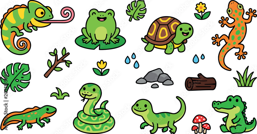 Fototapeta premium Cute Reptiles and Amphibians Vector Doodle Set Featuring Smiley Chameleon Frog Turtle Snake Alligator and Tropical Forest Sticker Icons