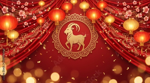 Festive Chinese New Year background with golden goat emblem, red curtains, and traditional lanterns for Lunar New Year celebration