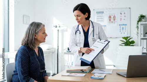 Doctor Explaining Medical Document To Patient In Clinic