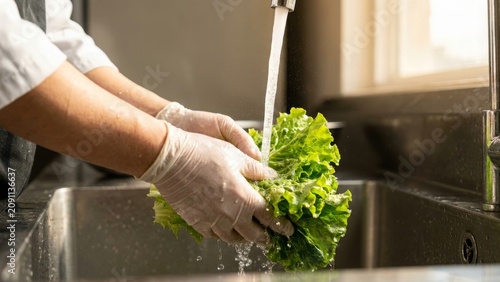Food Safety - Chef Washing Fresh Green Lettuce Under Running Water in Kitchen Sink Wearing Disposable Gloves