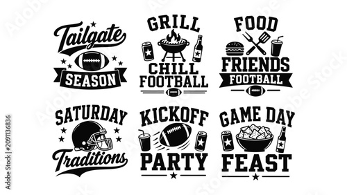 Bild auf Leinwand Collection of black and white graphic designs related to football game day tradi