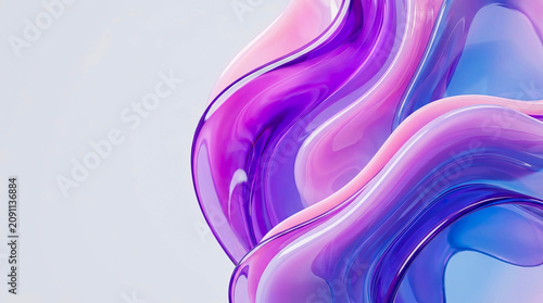 Vibrant glossy fluid forms in purple, pink and blue create a dynamic abstract composition. Smooth flowing curves and reflective surfaces provide modern copy space for branding.