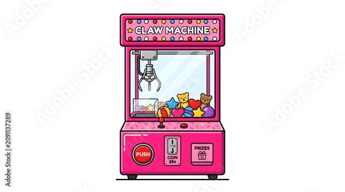 Playing a pink claw machine arcade game with colorful plush toys inside a bright and playful setting