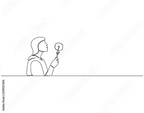 Woman blowing a dandelion continuous line art. Woman blowing dandelion one line drawing. Lifestyle, makes wish, hope concept vector illustration