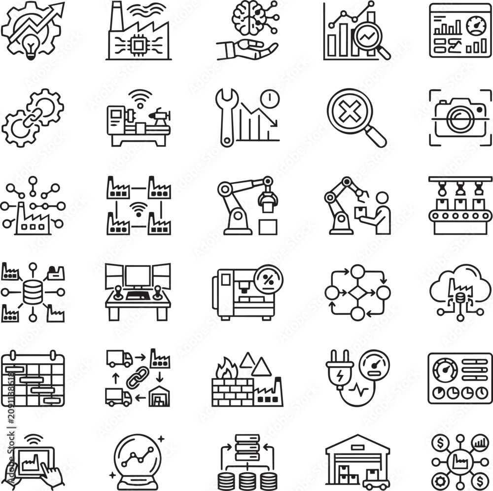 Fototapeta premium Manufacturing Intelligence Line Icons Set for Smart Factory Analytics, Industrial AI, Industry 4.0 UI UX Vector Pack