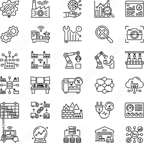 Manufacturing Intelligence Line Icons Set for Smart Factory Analytics, Industrial AI, Industry 4.0 UI UX Vector Pack