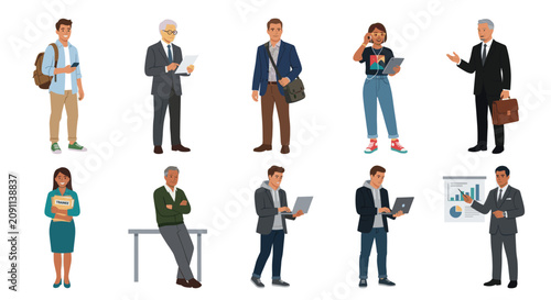 Diverse office employees and professionals in workplace scenes.