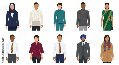 Diverse multiracial people in traditional and formal clothing collection.