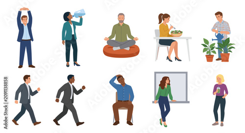 Diverse people engaged in healthy daily routine activities.