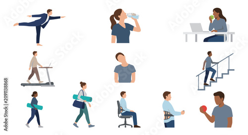 Diverse people practicing healthy lifestyle habits and daily exercises.