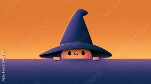 Cute Witch Character Peeking: A whimsical illustration of a small, round character wearing a large pointed wizard hat, peeking over a surface with a cheerful expression and tiny hands.
