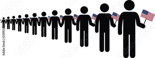Diverse People Holding American Flags Flat Vector Illustration – Patriotism, National Unity, Community, Civic Pride and USA Celebration Concept