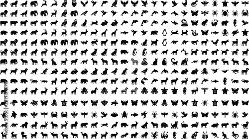 Comprehensive Animal Silhouette Vector Icon Collection Featuring Wildlife, Birds, Marine Life, Reptiles, Insects and Farm Animals
