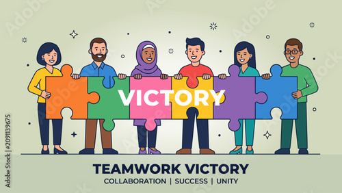 Obraz na płótnie Diverse business team celebrating success while holding connected puzzle pieces
