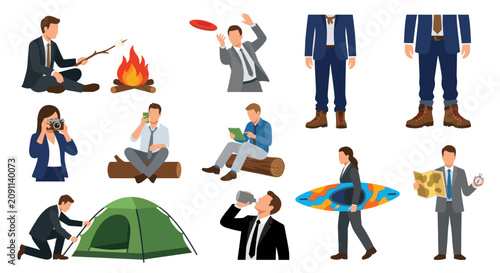 Outdoor leisure and camping activities people character set.