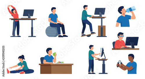 Modern office lifestyle with ergonomic desks and exercise.
