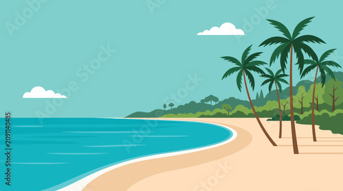 Minimalist flat beach landscape background with tropical palm trees sand and sea banner