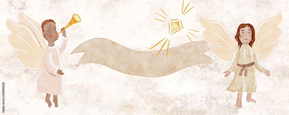 Obraz premium Angels blowing trumpets, holding blank ribbon banner in cloud white tones watercolor. Soft neutral background, airy composition, isolated on white. Ideal for Christmas cards, luxury branding, prints.