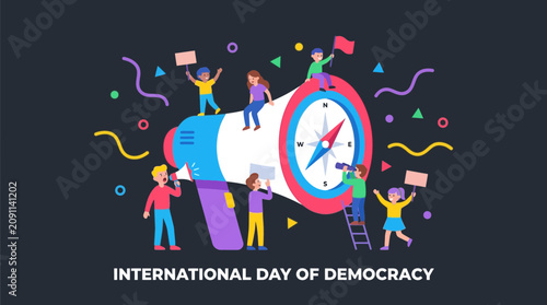 International Day of Democracy Illustration with Compass Megaphone and Diverse People