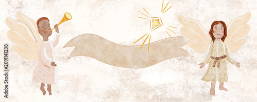 Angels blowing trumpets, holding blank ribbon banner in cloud white tones watercolor. Soft neutral background, airy composition, isolated on white. Ideal for Christmas cards, luxury branding, prints.