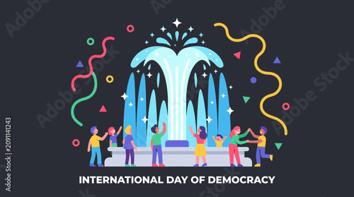 International Day of Democracy Illustration with Diverse People and Fountain